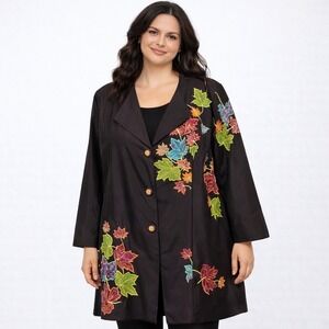 Ember Ais‎ Embroidered Duster Jacket 4X Brown Orange Lining Artwear Boho Luxe